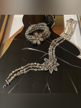 Crystal Flower Multi-Strand Bracelet and Choker Set